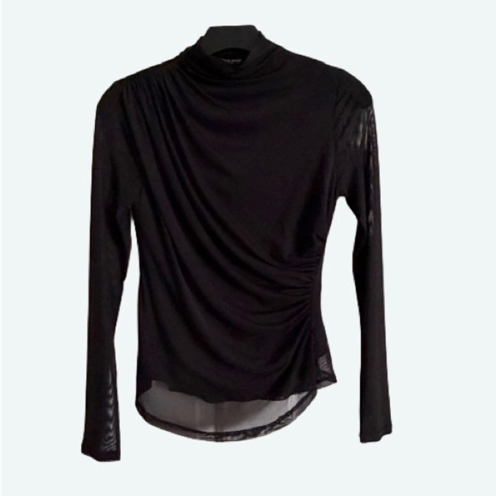 Anthropologie Cable & Gauge Sheer Black Long-Sleeve Draped Mock Neck Top XS